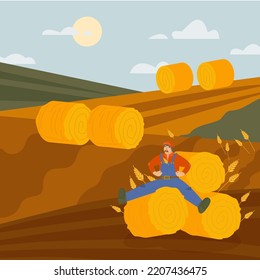 Country life scene. A farmer sitting on a haystack after the work.  Working in fields. Harvesting, eco-friendly farming, agriculture concept. Local production. Vector illustration in a flat style. 