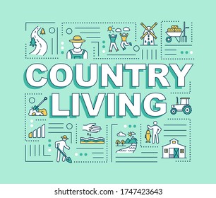 Country living word concepts banner. Healthy lifestyle. Plant cultivation of farm field. Infographics with linear icons on blue background. Isolated typography. Vector outline RGB color illustration