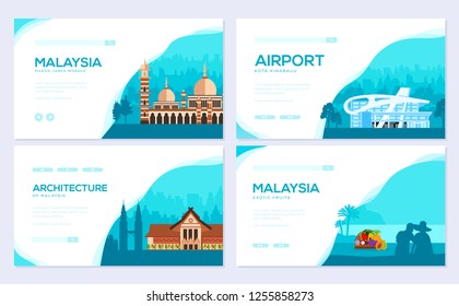 Country Malaysia travel vacation of place and feature. Traditional architecture brochure card set. Monument  template of flyear, web banner, ui header, enter site. Layout invintation modern 