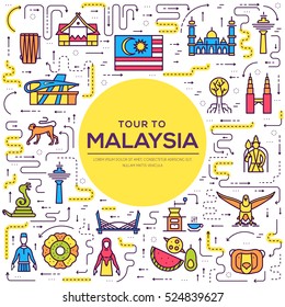 Country Malaysia travel vacation of place and feature. Set of architecture, fashion, people, item, monument background concept. Infographic traditional ethnic flat, outline, thin line icon