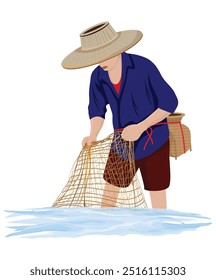 A country man is casting a net in a pond.vector design.