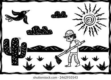 Country man plowing the land in the backlands. Woodcut style.