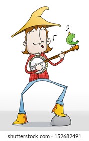 Country man with straw hat playing a banjo and singing with green bird