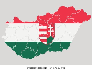 Country map, Hungary. Vector map of Hungary with administrative regions. Map of Hungary with flag and coat of arms.