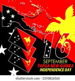 Country map of Papua New Guinea with flags and bold text to commemorate Papua New Guinea Independence Day on September 16