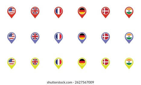 Conjunto de ponteiros do mapa do país. Localização pin ícone da bandeira da Costa Rica. Símbolo de localização de país, ícones nacionais de bandeiras do mundo, ilustração de modelo de design de marcadores de mapa	