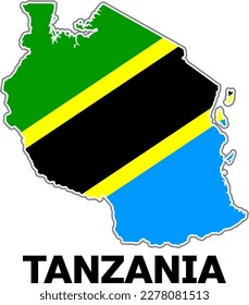  Country map of TANZANIA in the colors of the state flag of TANZANIA.  With the caption of the country name "TANZANIA".