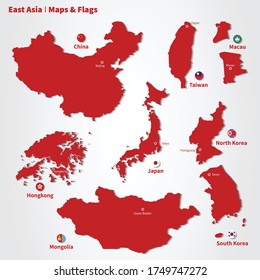 Mapas de países con banderas y puntos de capital en Asia Oriental para educación, negocios, etc
