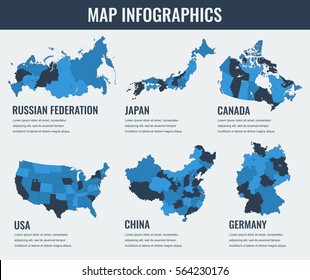 Country maps infographic template. USA, Japan, Canada, China, Russia, Saudi Arabia. Selectable territories. Vector.