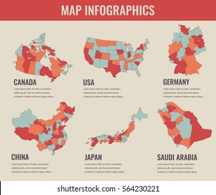 Country maps infographic template. USA, Japan, Canada, China, Russia, Saudi Arabia. Selectable territories. Vector.