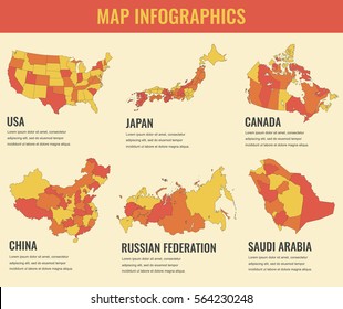 Country maps infographic template. USA, Japan, Canada, China, Russia, Saudi Arabia. Selectable territories. Vector.