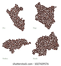 Country maps made out of coffee beans. Vegetarian illustration. Four maps set. Largest Coffee Producing Countries. For illustrators, decoration or infographics.