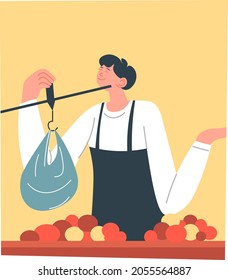 Country market seller weighing ripe apples for sale, isolated male character with package of fruits and device to measure and count. Street shop or stall, supermarket worker. Vector in flat style