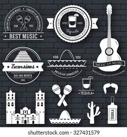 Country Mexico label template of emblem element for your product or design, web and mobile applications with text. Vector illustration with thin lines isolated icons on stamp symbol