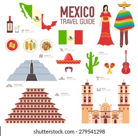 Country Mexico travel vacation guide of goods, places and features. Set of architecture, food, fashion, items, nature background concept. Infographics template design for web and mobile. On flat style