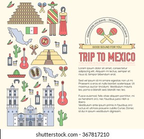 Country Mexico travel vacation guide of goods, places and features. Set of architecture, food, fashion, items, nature background concept. Infographics template design. On thin lines style