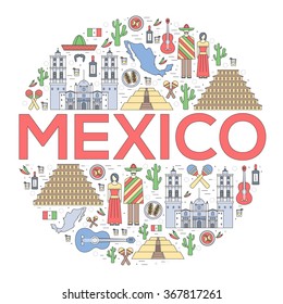 Country Mexico travel vacation guide of goods, places and features. Set of architecture, food, fashion, items, nature background concept. Infographics template design. On thin lines style