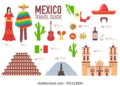 Country Mexico travel vacation guide of goods, places and features. Set of architecture, food, fashion, items, nature background concept. Infographics template design for web and mobile. On flat style