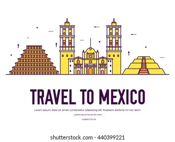 Country Mexico travel vacation of place and feature. Set of architecture, item, nature background concept. Infographic traditional ethnic flat, outline, thin line icon