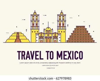 Country Mexico travel vacation of place and feature. Set of architecture, item, nature background concept. Infographic traditional ethnic flat, outline, thin line icon