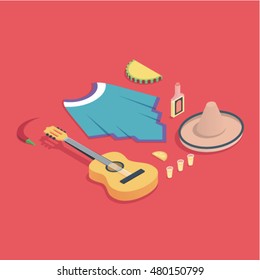 Country Mexico, vector flat isometric concept illustration: pepper, guitar, poncho,  alcohol, lemon, hat
