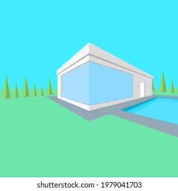 Country modern one-storey house 3d isometric shape with pool green lawn and trees vector halftone illustration in minimal style.