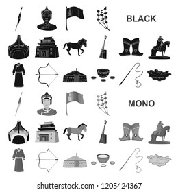 Country Mongolia black icons in set collection for design.Territory and landmark vector symbol stock web illustration.