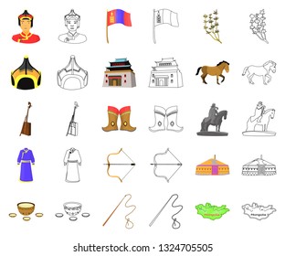 Country Mongolia cartoon,outline icons in set collection for design.Territory and landmark vector symbol stock web illustration.