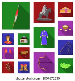 Country Mongolia flat icons in set collection for design.Territory and landmark vector symbol stock web illustration.