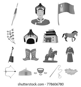 Country Mongolia monochrome icons in set collection for design.Territory and landmark vector symbol stock web illustration.