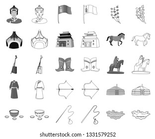 Country Mongolia monochrome,outline icons in set collection for design.Territory and landmark vector symbol stock web illustration.