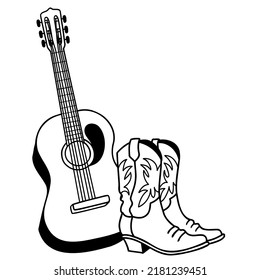 Country music with acoustic guitar and american cowboy boots. Vector hand draw Country music illustration isolated on white