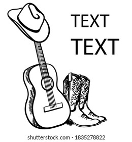 Country music. Acoustic guitar with cowboy hat and boots. Vector graphic hand drawn illustration isolated on white for design or text