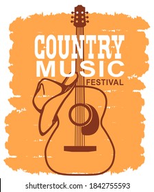 Country Music Of Acoustic Guitar And Cowboy American Hat. Vector Music Poster Background With Text