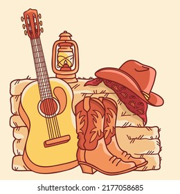 Country music background with acoustic guitar and american cowboy boots and cowboy hat on straw and hay. Vector hand draw Country farm illustration 