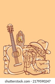 Country Music Background With Acoustic Guitar And American Cowboy Boots And Cowboy Hat On Straw And Hay. Vector Hand Drawn Graphic Illustration On Country Farm Poster For Text 