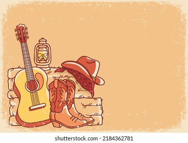 Country music background with acoustic guitar and american cowboy boots and cowboy hat on straw and hay. Vector vintage Country farm poster illustration 