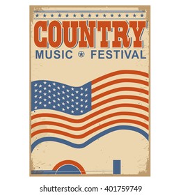 Country music background with american flag and guitar.Vector poster illustration