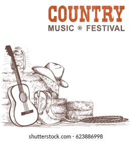 Country Music Background With Guitar And American Cowboy Shoes And Western Hat.Vector Hand Draw Illustration For Text