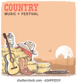 Country Music Background With Guitar And American Cowboy Equipment.Vector Hand Draw Illustration With Text