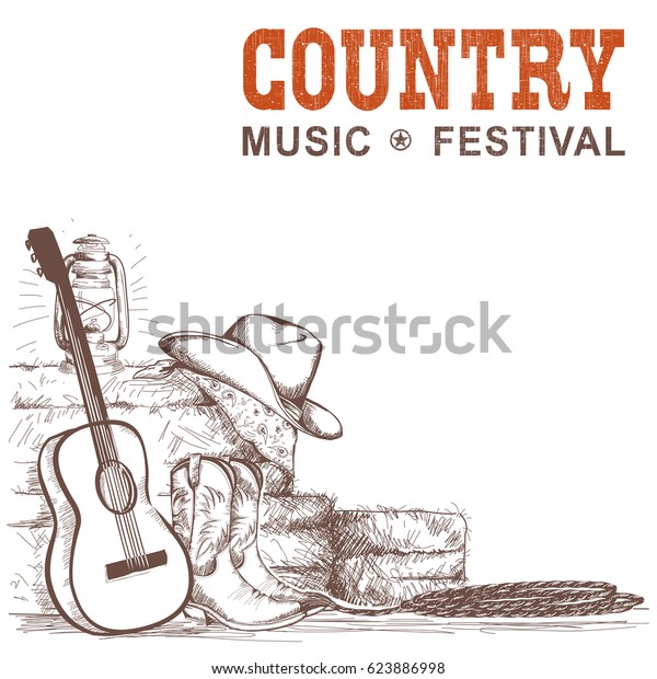 Country music\
background with guitar and american cowboy shoes and western\
hat.Vector hand draw illustration for\
text