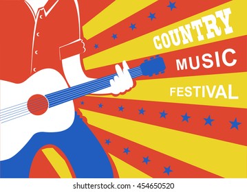  Country music background with man musician and guitar..Vector poster illustration