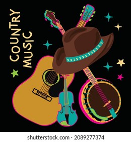 country music banner with guitar, violin and banjo, vector design for paper, fabric and other surface