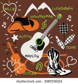 country music card with guitar, violin and other  tools, vector design for paper, fabric and other surface