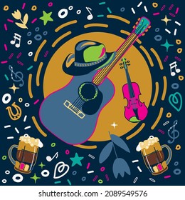 Country music card  with musical instruments, vector design for paper, fabric and other surface