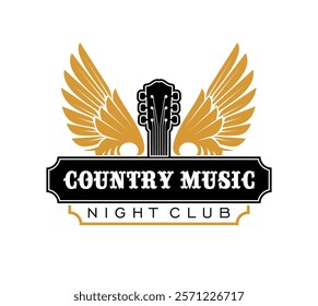 Country music club icon featuring a guitar headstock, golden wings and vintage Night Club typography. Vector emblem showcasing rustic retro vibe for country music performances, concerts or events