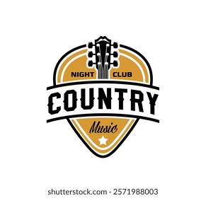 Country music club icon featuring a guitar headstock, mediator and bold Night Club typography. Vector emblem for representing country music venues, concerts or events, showcasing a rustic retro vibe