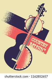 Country Music color background with musical instruments on retro paper with text
