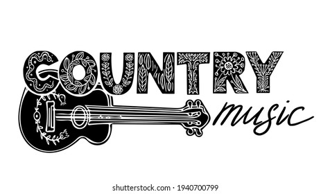 Country music concept with Acoustic guitar and hand lettering.Elements for music festival, banner etc.