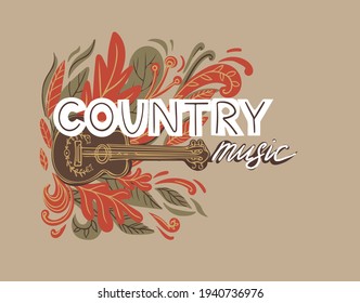 Country music concept with Acoustic guitar and hand lettering.Elements for music festival, banner etc. in trendy warm colors. Vector illustration.